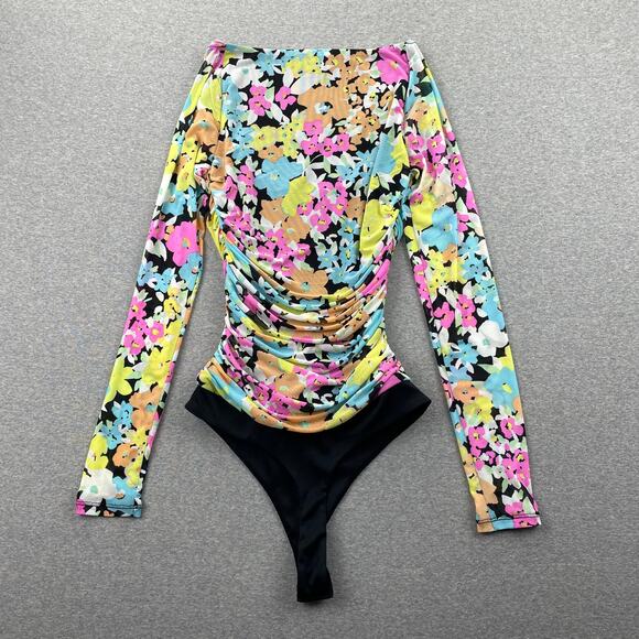 AFRM Bodysuit Womens XS Bright Floral Mesh Ruched Long Sleeve Retro Preppy Rave - Picture 2 of 12